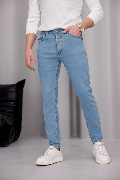 MODAMESTO Men's Light Blue Denim Jean Trousers Slim Fit Lycra Narrow Leg