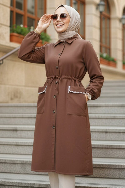 Neva Style Кафява наметало с хиджаб с копчета 91781KH