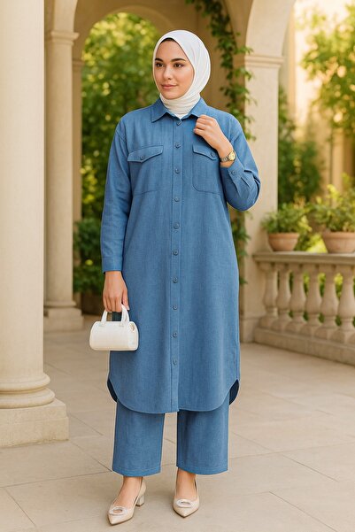 Neva Style Costum dublu hijab cu nasturi albastru indigo 44661IM