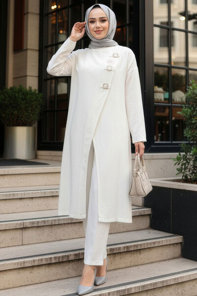 N.S NEVA STYLE طقم ملابس إسلامية مكون من قطعتين بلون الكريم مع تفاصيل على الم...