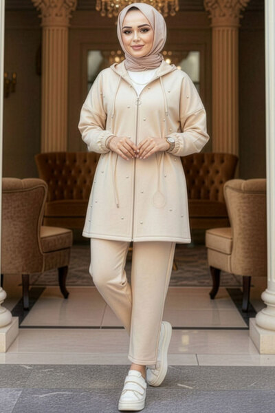 Neva Style Μπεζ κουκούλα Hijab Διπλό Σετ - 12271BEJ