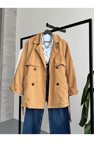 FERZOLAİO Perry Buttoned Short Camel Trench Coat