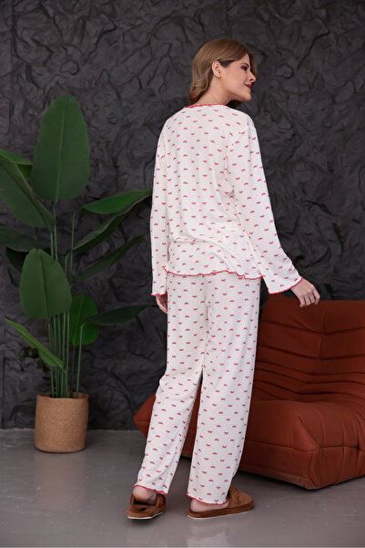 Arvin Pijama Women's Red Ribbon Patterned Soft Textured Bow Detailed Cotton Long Sleeve Comfortable Pajama Set
