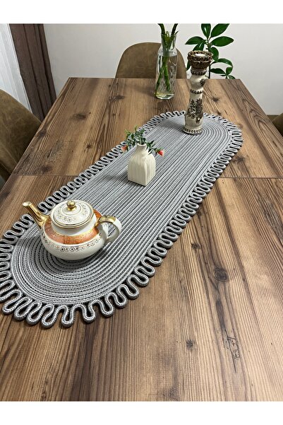 Namteks jüt gri kenar trikotlu runner amerikan servis takımı, yemek servisi takımı, çeyizlik, hediyelik