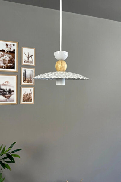 Bamyum Avola Beyaz Metal Avize Tekli Ahşap Şapka Başlık Mutfak Modern Dekorat...