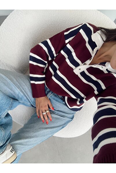 Jose Clothing Pulover tricot cu mânecă lungă în dungi cu gât polo de damă