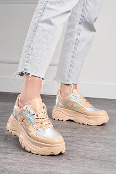 İmerShoes Günlük Kadın Nude Hologram Spor Ayakkabı Bağcıklı Kalın Hafif Yüksek Taban Sneaker 001