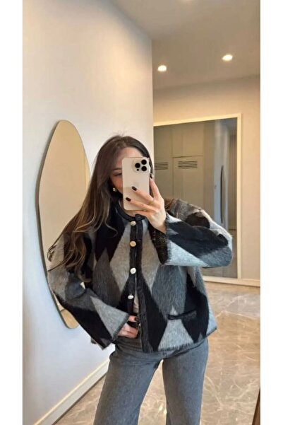 FLEX FASHION Dámský populární oversized kardigan bez kapes s peřím a kosočtvercovým vzorem – trendy kardigan