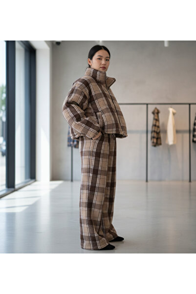 MQ Women's plaid set: jacket with front zipper and long pants