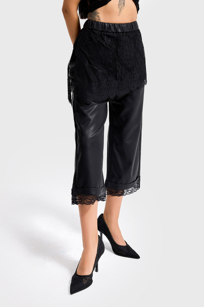 it's basic Women's Black Color Lace Skirt Detailed Special Design Faux Leather Pants