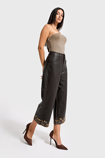 it's basic Women's Bitter Brown Leg Opening Embroidery Detailed Special Design Faux Leather Trousers