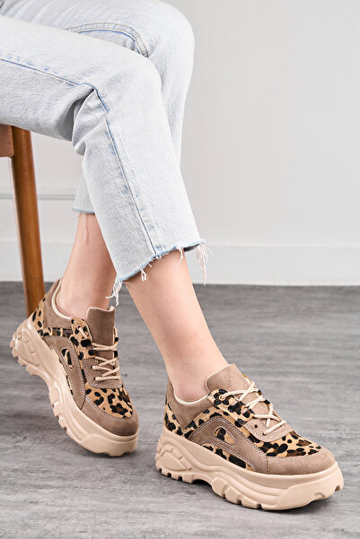 İmerShoes Béžové leopardí dámské tenisky – šněrovací, silná, lehká vysoká podešev 001