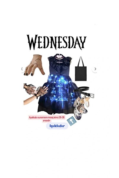 3b kids ışıklı wednesday kostüm elbise + siyah çanta+kemer+el+tül eldiven +we...