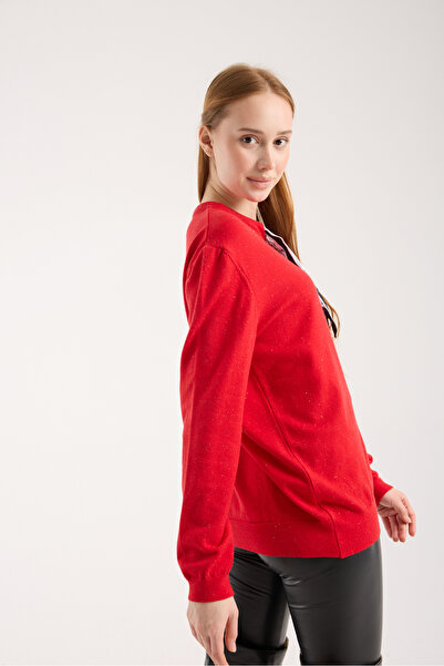 Moda Days Women's Red Round Neck Knitwear Sweater Comfortable Fit Long Sleeve
