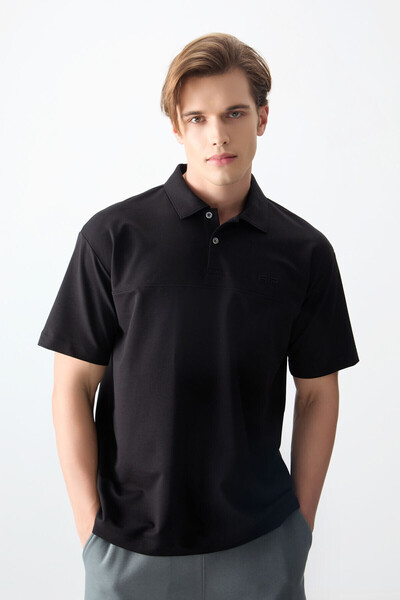 AIR JONES Black Cotton Thick Soft Textured Polo Collar Oversize Fit Basic Men's T-Shirt - 88382