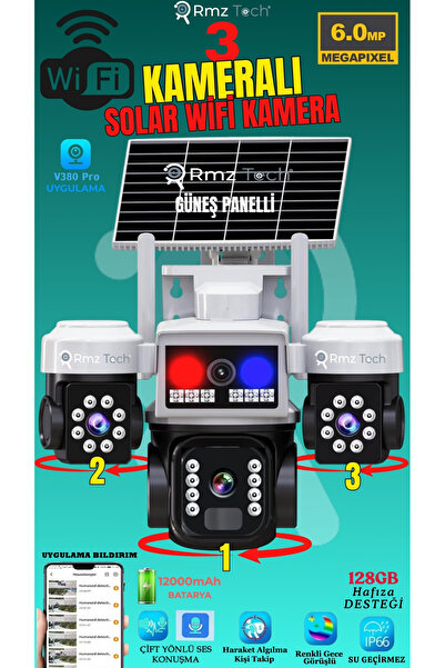 AVENİR AV-S963W WİFİ Solar Güneş Panelli 3 Kameralı 6MP Güvenlik Kamerası – Çift Yönlü Ses, Polis Çakarlı