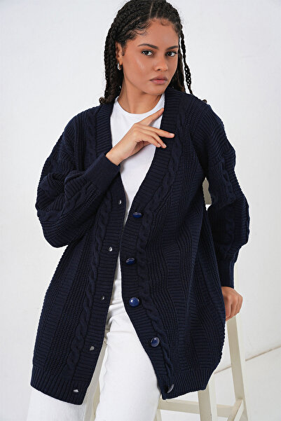 Bigdart 15768 Темно-синій светр з орнаментом на ґудзиках на ґудзиках Тесеттурний светр-кардиган