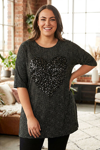 Stil Diva Plus Size Bicycle Collar Sequin Embroidered Slit Detailed Blouse303080