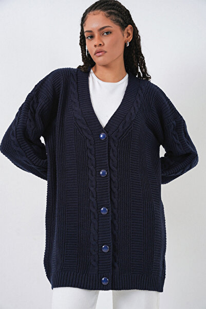 Bigdart 15768 Темно-синій светр з орнаментом на ґудзиках на ґудзиках Тесеттурний светр-кардиган