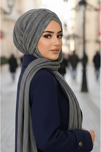 Aişe tesettür Gray Patterned Butterfly Model Gathered Bonnet Shawl