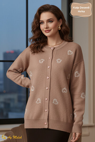 AYMELEK Women's Knitwear Cardigan Soft Crew Neck Heart Button Sweater