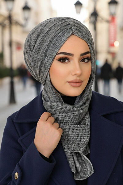 Aişe tesettür Gray Patterned Butterfly Model Gathered Bonnet Shawl