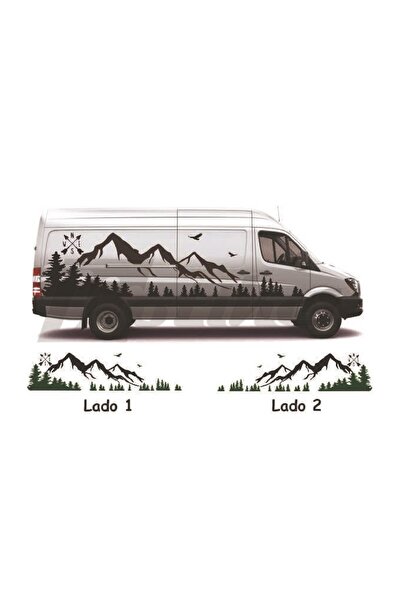 Motiker Siyah Dağ ve Çam Ağacı Tasarımlı Karavan Sticker Etiket