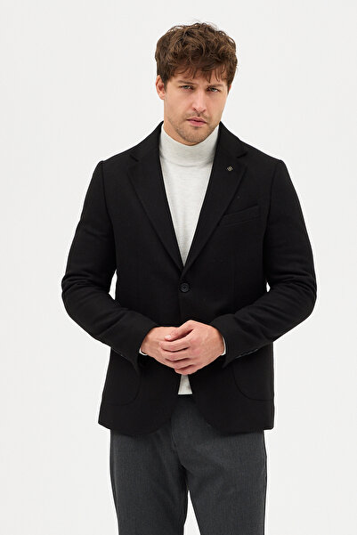Frappoli Lanz Men's Black Cashmere Fabric Half-Lined Mono Collar Sports Blazer Jacket with Pocket