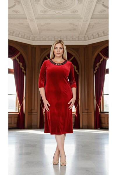 Nidya Moda Kadın Kırmızı Bahar Yaka Kadife Abiye Elbise 4076AK