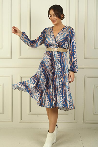 By Saygı Rochie de damă, cu rever dublu, cu centură, căptușită, plisată, cu imprimeu abstract, din satin