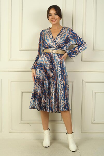 By Saygı Rochie de damă, cu rever dublu, cu centură, căptușită, plisată, cu imprimeu abstract, din satin