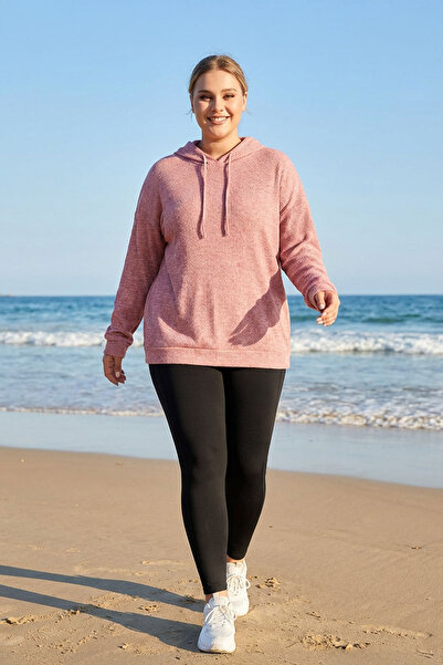 Stil Diva Plus Size Long Sleeve Hooded Thin Knitted Sweatshirt with Side Pockets 300373