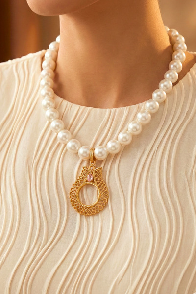 TwinsCollection Çeyrekli Altın Uyumlu 12mm Incili Kolye