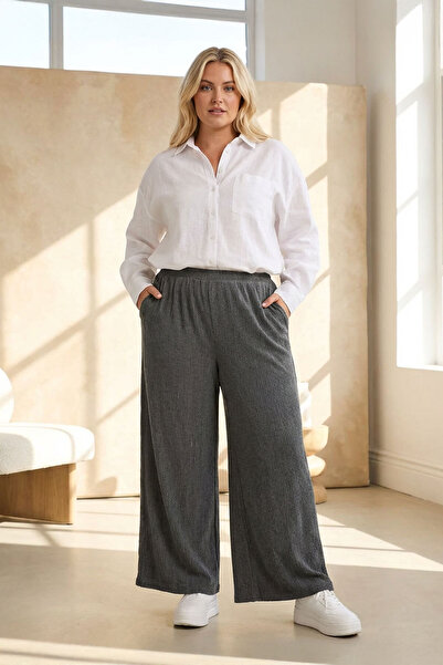 Stil Diva Large Size Elastic Waist Wide Leg Trousers with Pockets 304012