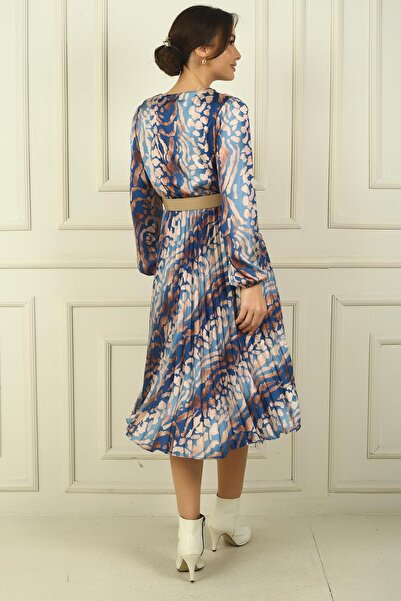 By Saygı Rochie de damă, cu rever dublu, cu centură, căptușită, plisată, cu imprimeu abstract, din satin