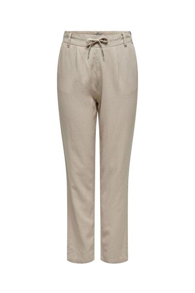ONLY Women's Onlcaro Elastic Waist Linen Trousers 15278710 Beige