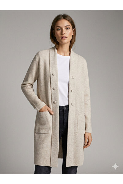 F&D Tekstil Women's Knitwear Cream Long Cardigan