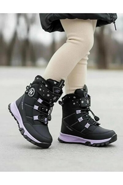 NAVİSHOES Siyah Lila Kız Çocuk Kürklü Cırtlı ve Bağcıklı Kaymaz Taban Bot 014