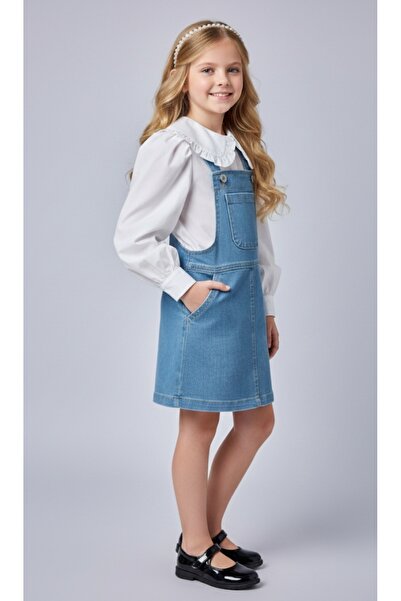 RİNDO Kız Çocuk Askılı Düğme Kapama Cepli Kot Jile Elbise