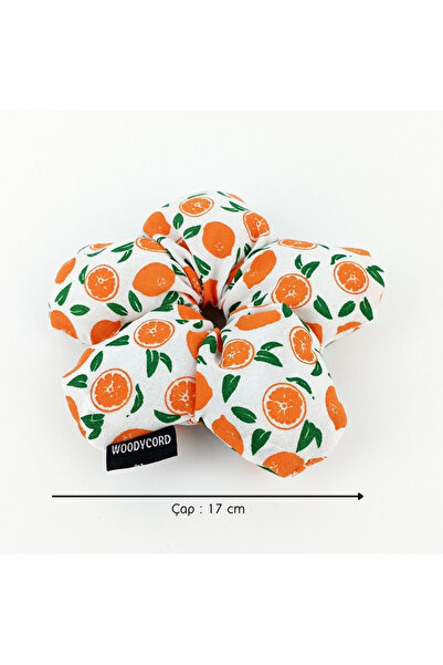 woodycord Handmade Orange Patterned White Flower Scrunchie Bun Hair Tie