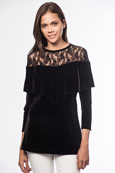 Laranor Bluză de catifea cu detaliu din dantelă neagră pentru femei, cu design cu volan, șic de zi și de noapte 17L5165