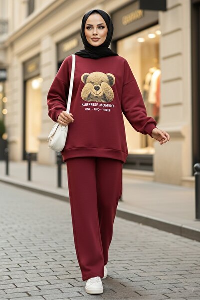 Bestenur Ayıcık Desen Üç İplik İkili Takım 1655 - Bordo