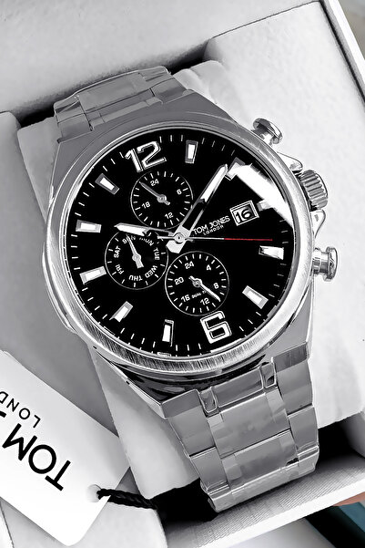 Tom Jones ساعة يد رجالية أصلية مقاومة للماء باللون الفضي وسوار فولاذي هدية GTJE2098C4