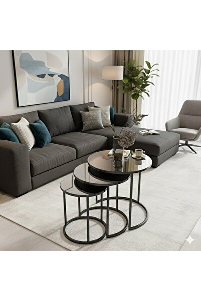 usta mekan Usta Siyah Metal Gümüş (DÜZ) Aynalı 3lü Zigon Sehpa