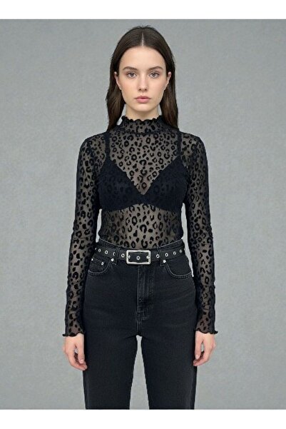 EVAİST Women's Stand-Up Collar Transparent Lace Blouse