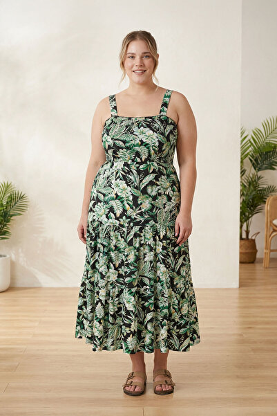 Stil Diva Plus Size Floral Print Thick Strap Elastic Waist Dress T-82