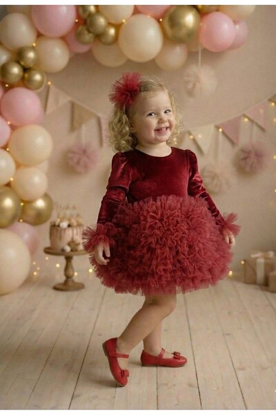 penu baby kids Bordo Kadife Kumaş Uzun Kollu Tütülü Kız Bebek Elbise - Velvet