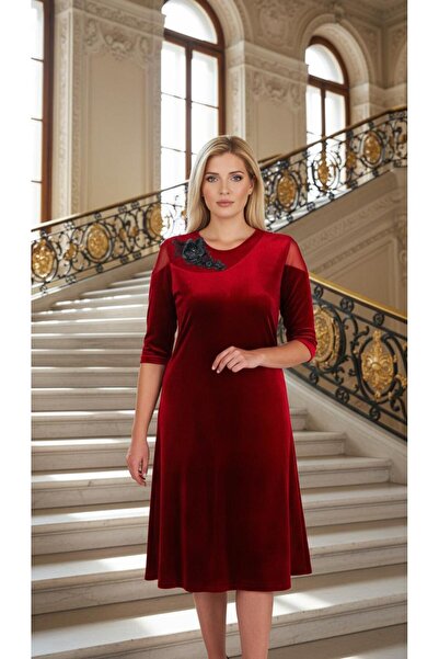 Nidya Moda Büyük Beden Tül Motifli Kırmızı Kadife Abiye Elbise 4123K