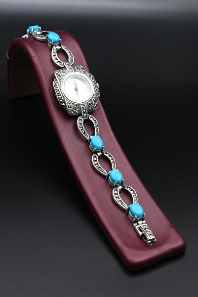 Prestige 925 Ayar Gümüş Kadın Saati (Kadın Gümüş Saat) Markazit ve Turkuaz Fi...