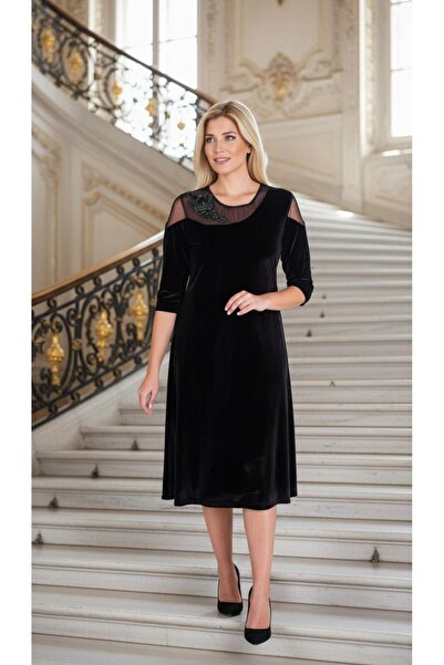 Nidya Moda Büyük Beden Tül Motifli Siyah Kadife Abiye Elbise 4123s
